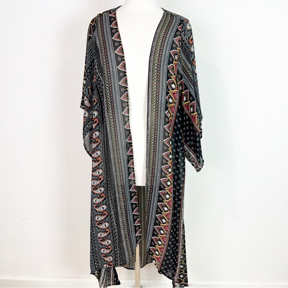 VERONICA M BLACK ORANGE PAISLEY PATTERN BOHO KIMONO COVER UP SZ MEDIUM
